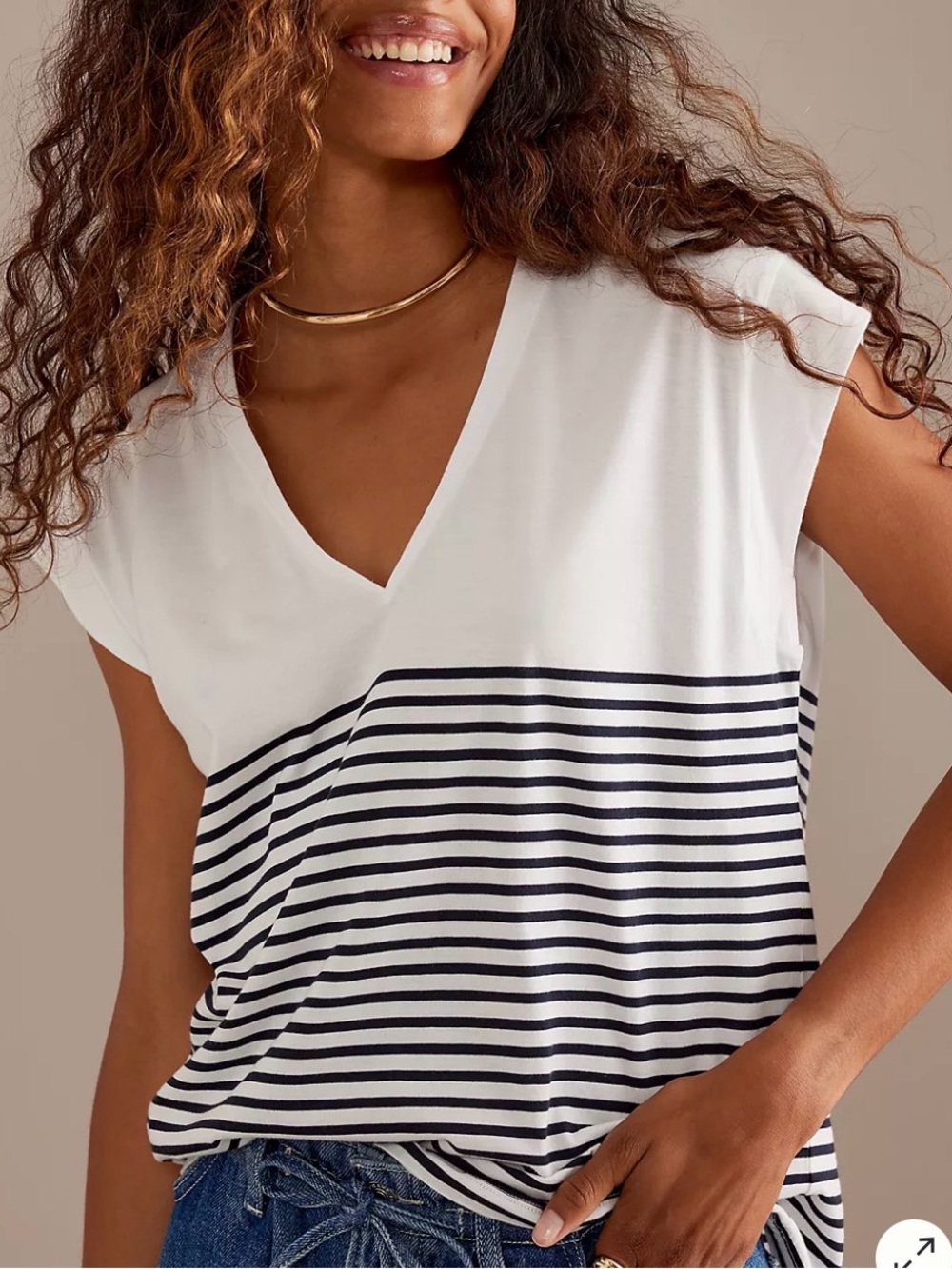 FRAME Le Mid Rise Stripe V Neck Cotton T-Shirt  Navy Blue White Size Medium NWT